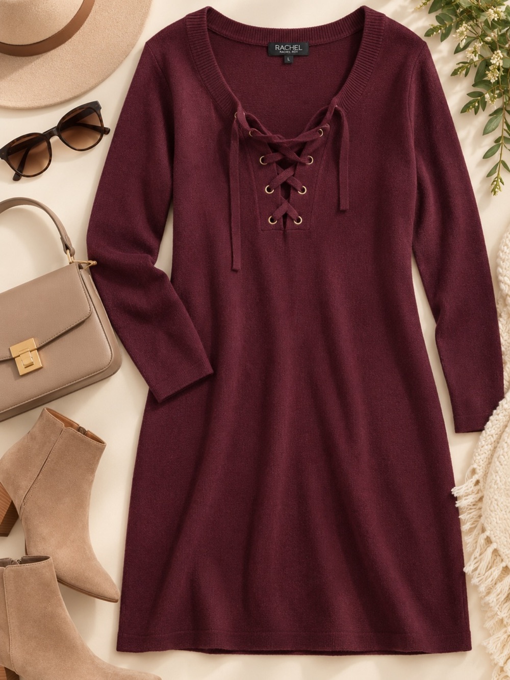 Reitmans Lace-Up Knit Tunic Dress - Plum